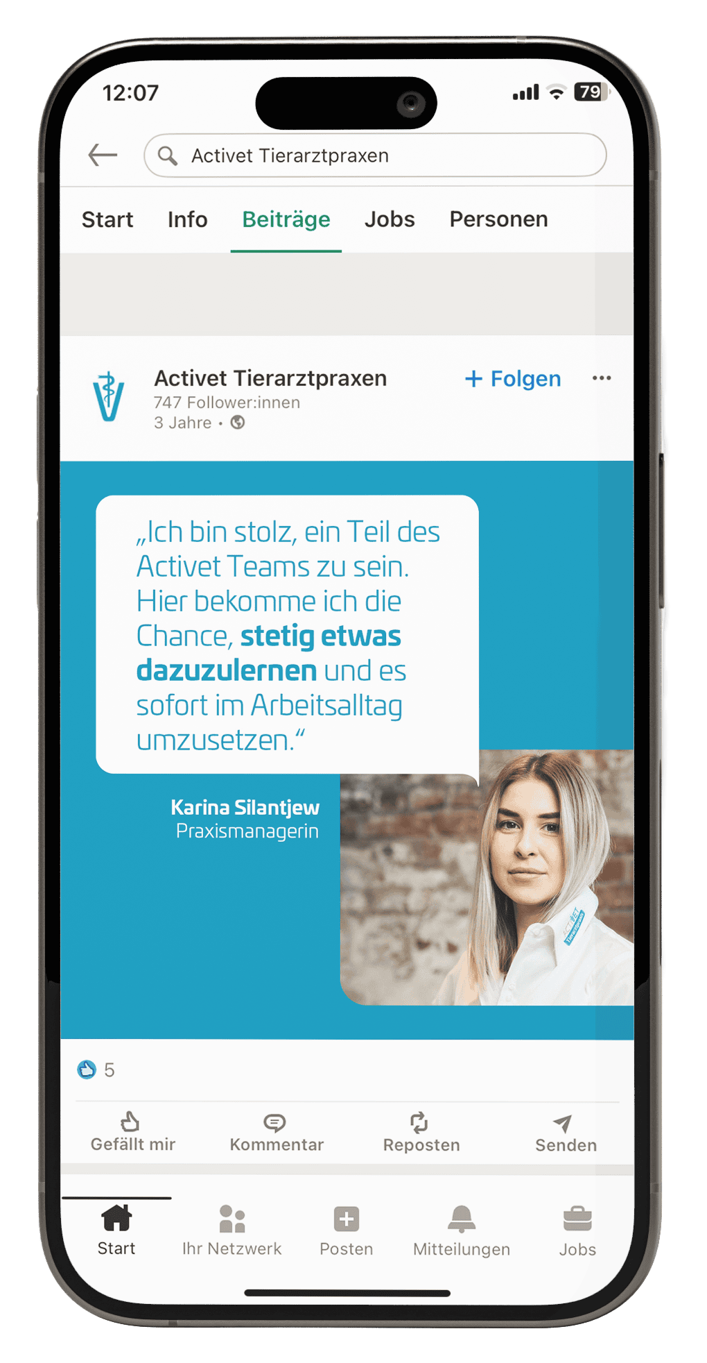 LinkedIn-Beitrag der Activet Tierarztpraxen mit Porträt einer Praxismanagerin und persönlichem Statement zur Arbeit im Activet-Team.