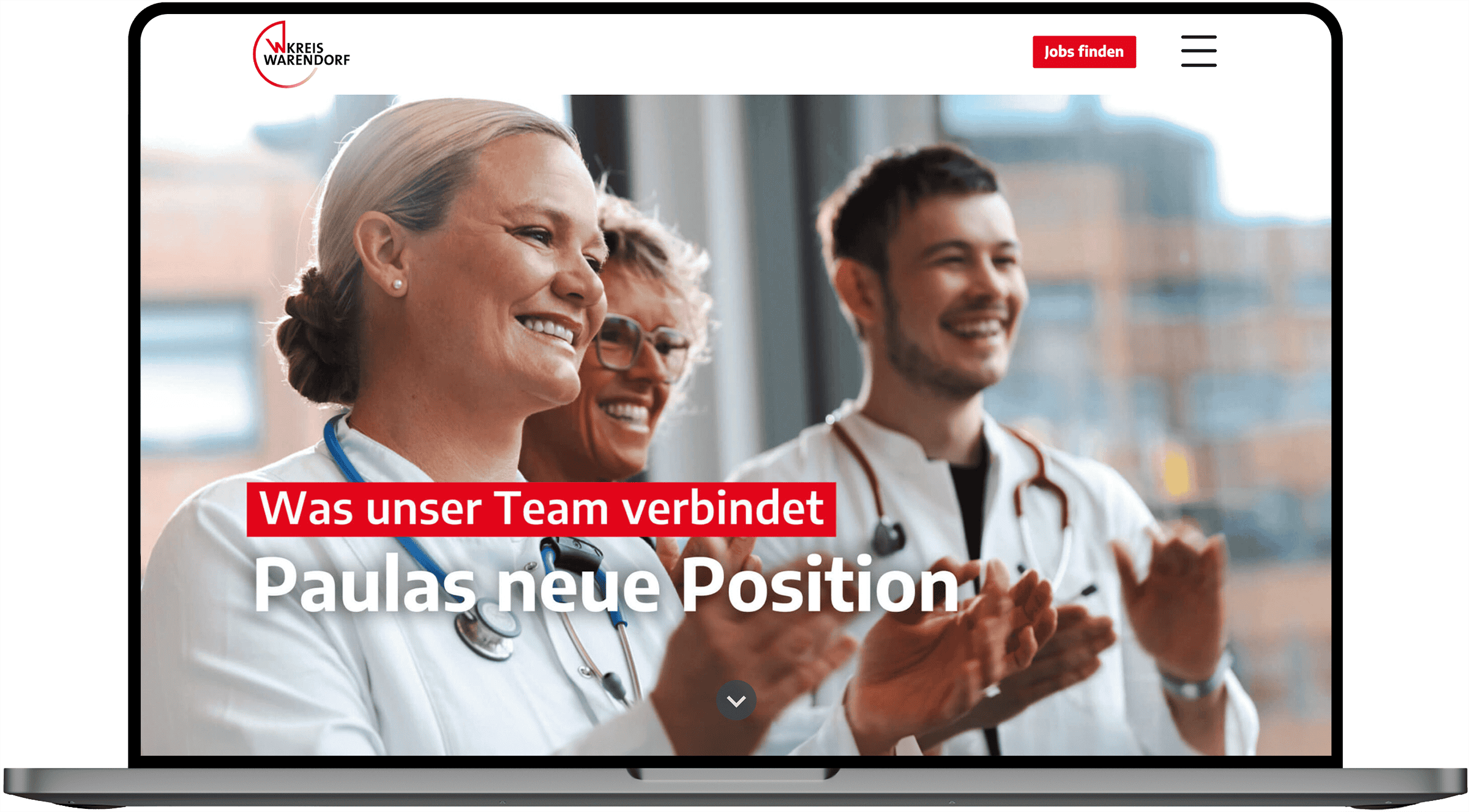 Screenshot der Karriereseite des Kreises Warendorf mit Mitarbeitenden aus dem Gesundheitswesen auf der Startseite.