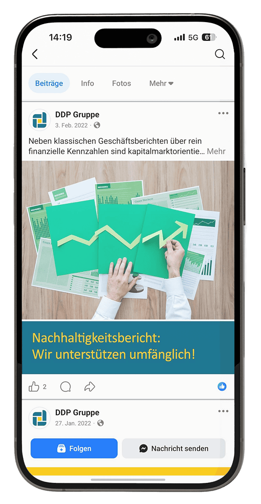 Social-Media-Beitrag der DDP Gruppe zum Thema Nachhaltigkeitsbericht und umfassende Unterstützung bei der Berichterstattung.