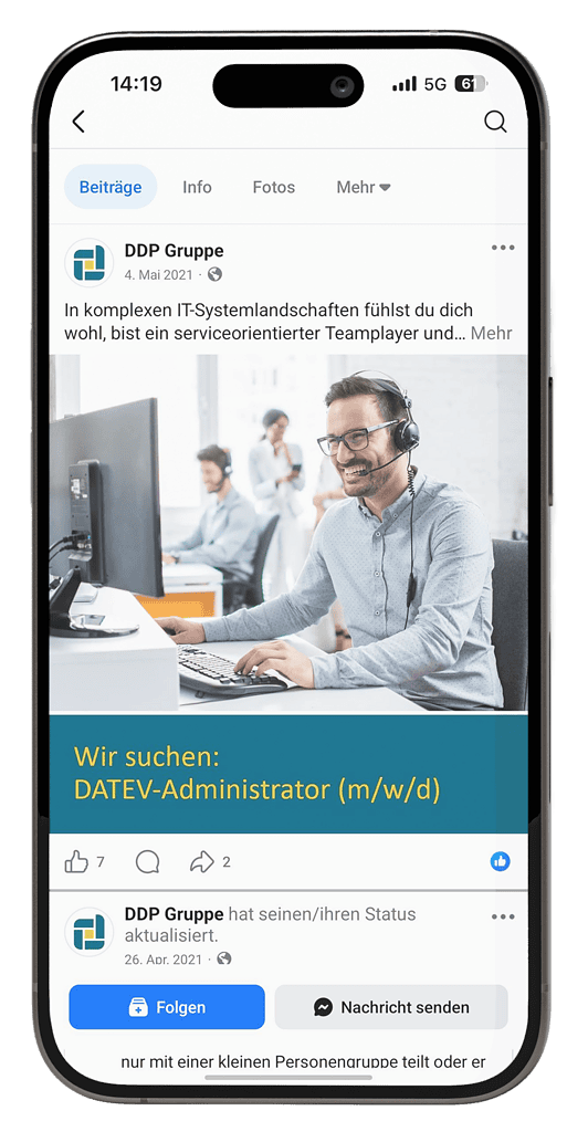 Social-Media-Beitrag der DDP Gruppe zur Stellenausschreibung für einen DATEV-Administrator (m/w/d).